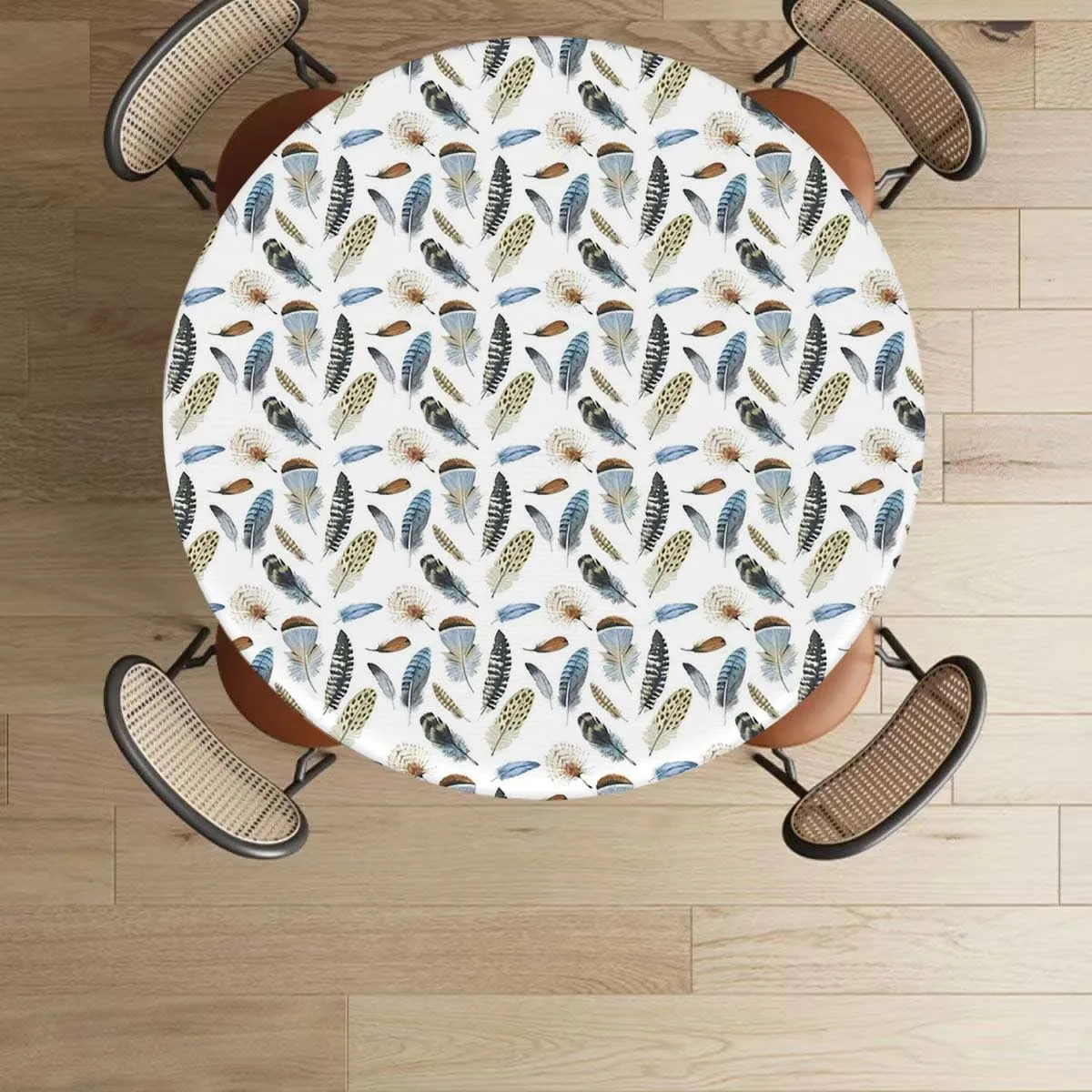 White Brown Round Tables Tablecloth Table Cloth Feathers Bohemian Concept Western Table Cloth Round Elastic Edge Fitted Table Cover Fashion Modern Fits up 40"-44" Diameter Tables