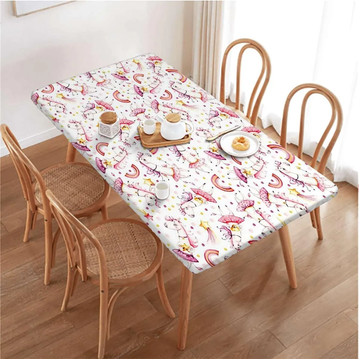 White Pink Elastic Tablecloth for Indoors Outdoors Funny Kawaii Illustration Fitted Rectangular Table Cloth with Elastic Rim Anime Fits up 5 Foot Tables