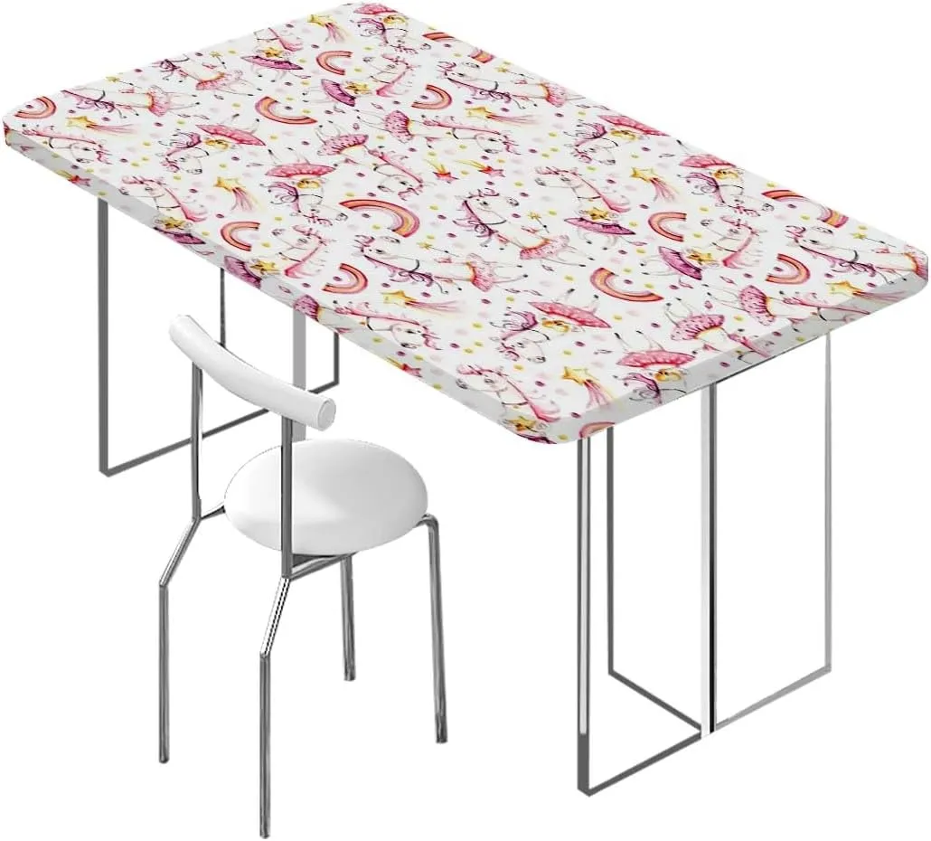 White Pink Elastic Tablecloth for Indoors Outdoors Funny Kawaii Illustration Fitted Rectangular Table Cloth with Elastic Rim Anime Fits up 5 Foot Tables