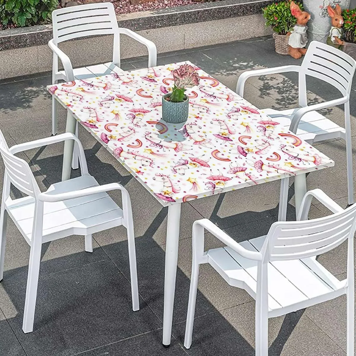 White Pink Elastic Tablecloth for Indoors Outdoors Funny Kawaii Illustration Fitted Rectangular Table Cloth with Elastic Rim Anime Fits up 5 Foot Tables