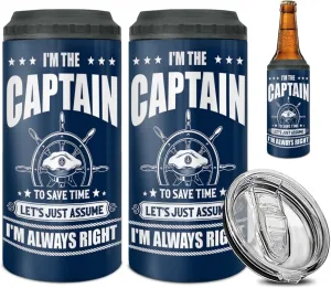 winorax Captain Tumbler Can Cooler 4-in-1 I'm The Captain & I'm Always Right Boating Stainless Steel Cup with Lid 16oz Boater Gifts For Men Boat Lover Gift For Boats Owner Boaters Gift Ideas