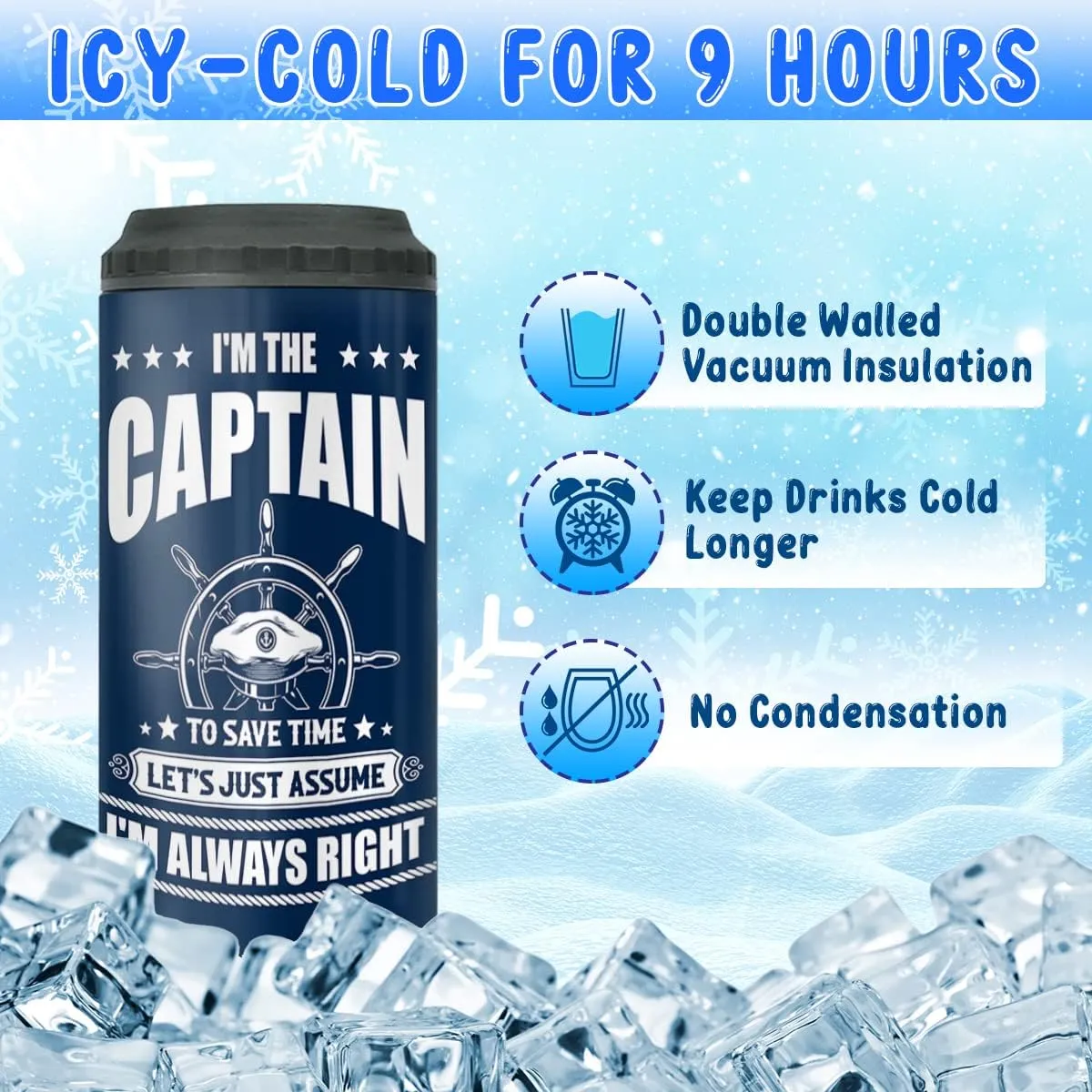 winorax Captain Tumbler Can Cooler 4-in-1 I'm The Captain & I'm Always Right Boating Stainless Steel Cup with Lid 16oz Boater Gifts For Men Boat Lover Gift For Boats Owner Boaters Gift Ideas