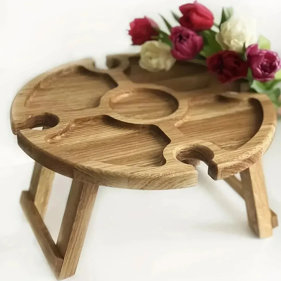 Wooden Folding Picnic Table Outdoor Camp Round Foldable Desk Wine Glass Rack Portable Leisure Time Snack Table Nut Fruit Plate