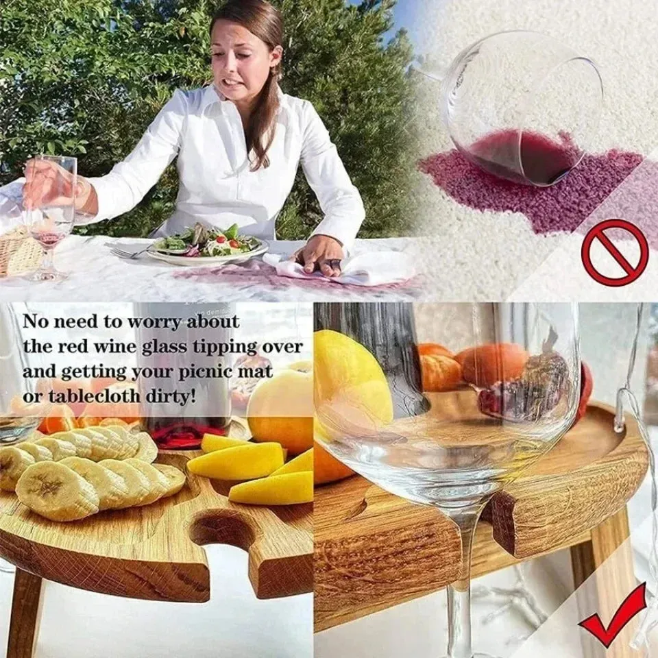 Wooden Folding Picnic Table Outdoor Camp Round Foldable Desk Wine Glass Rack Portable Leisure Time Snack Table Nut Fruit Plate