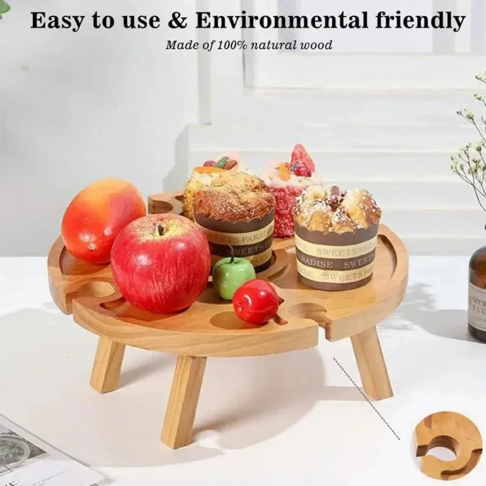 Wooden Folding Picnic Table Outdoor Camp Round Foldable Desk Wine Glass Rack Portable Leisure Time Snack Table Nut Fruit Plate
