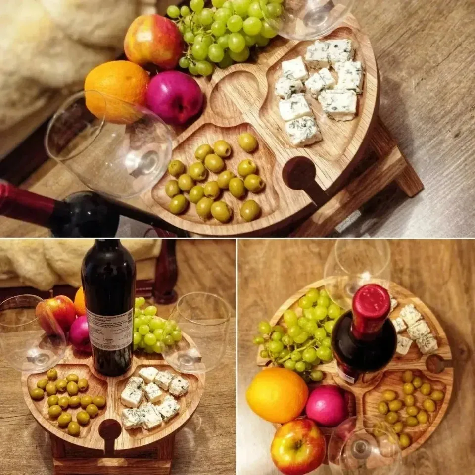 Wooden Folding Picnic Table Outdoor Camp Round Foldable Desk Wine Glass Rack Portable Leisure Time Snack Table Nut Fruit Plate