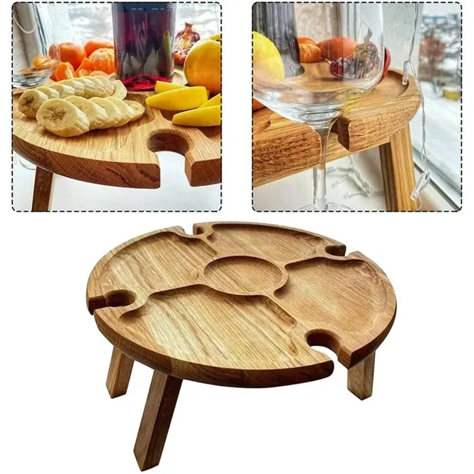 Wooden Folding Picnic Table Outdoor Camp Round Foldable Desk Wine Glass Rack Portable Leisure Time Snack Table Nut Fruit Plate