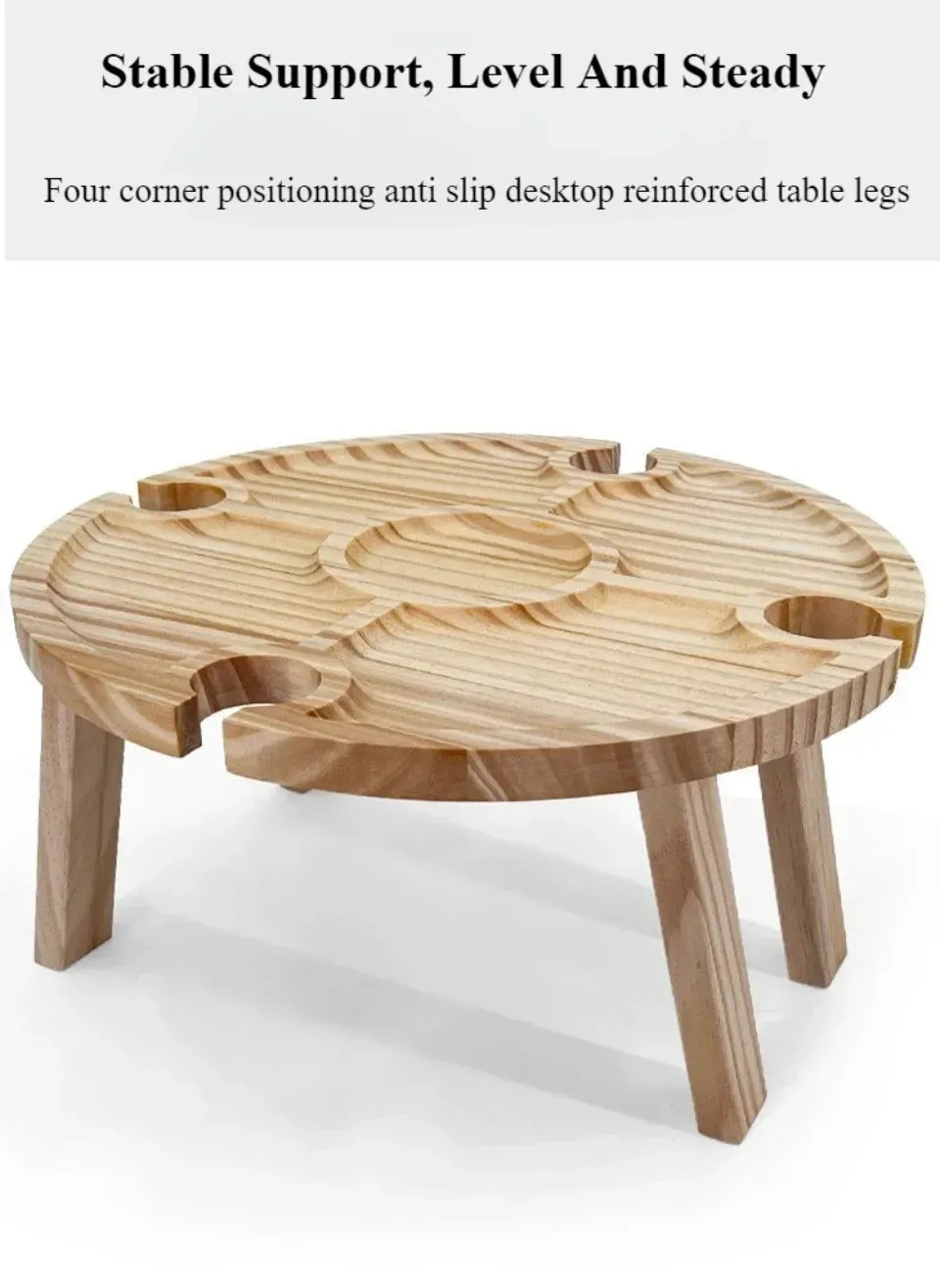 Wooden Folding Picnic Table Outdoor Camp Round Foldable Desk Wine Glass Rack Portable Leisure Time Snack Table Nut Fruit Plate