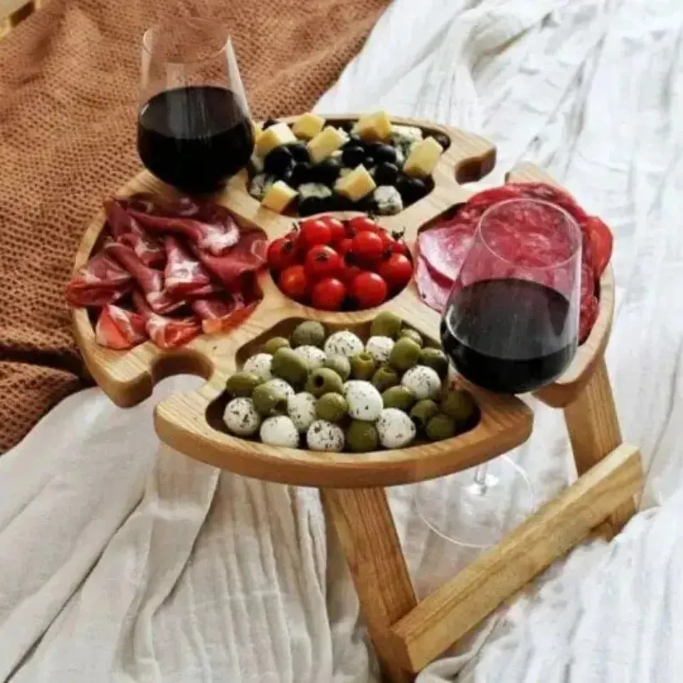 Wooden Folding Picnic Table Outdoor Camp Round Foldable Desk Wine Glass Rack Portable Leisure Time Snack Table Nut Fruit Plate