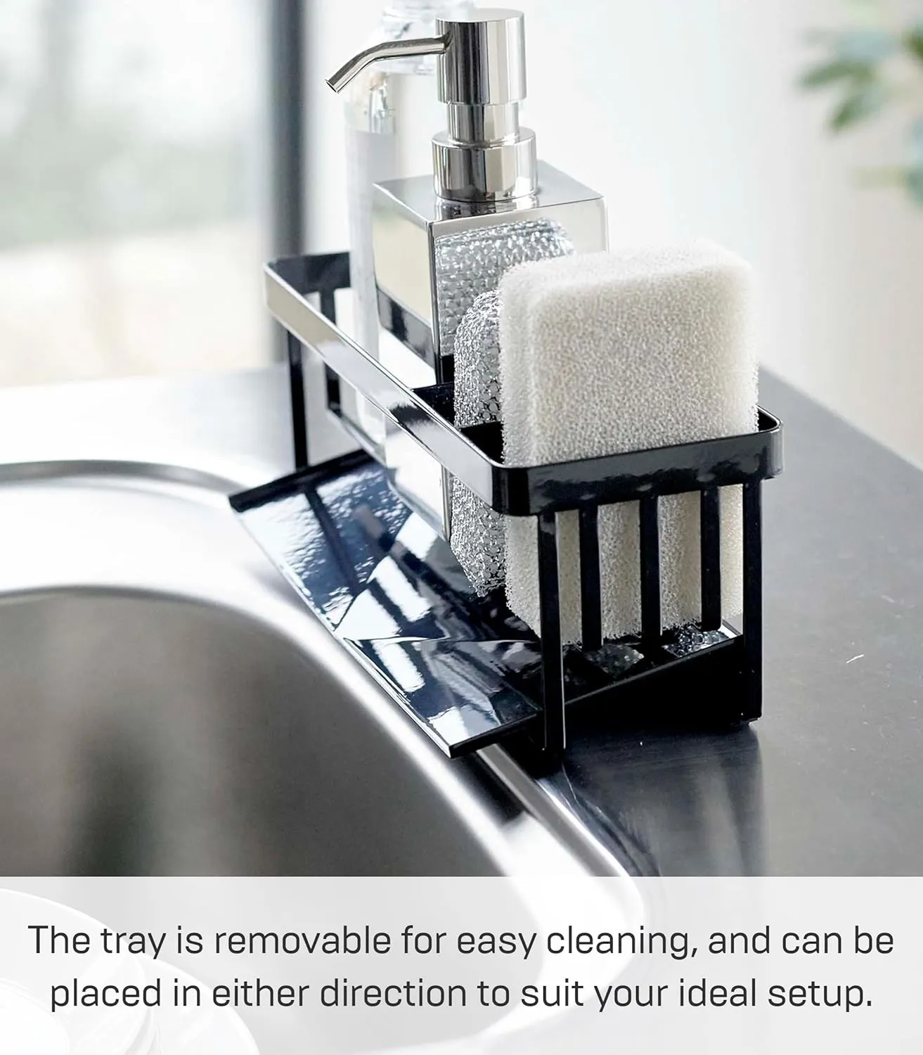 Yamazaki Home Tower Self-Draining Sponge and Soap Bottle Rack, Kitchen Sink Organizer Metal Holder with Removable Tray - Steel