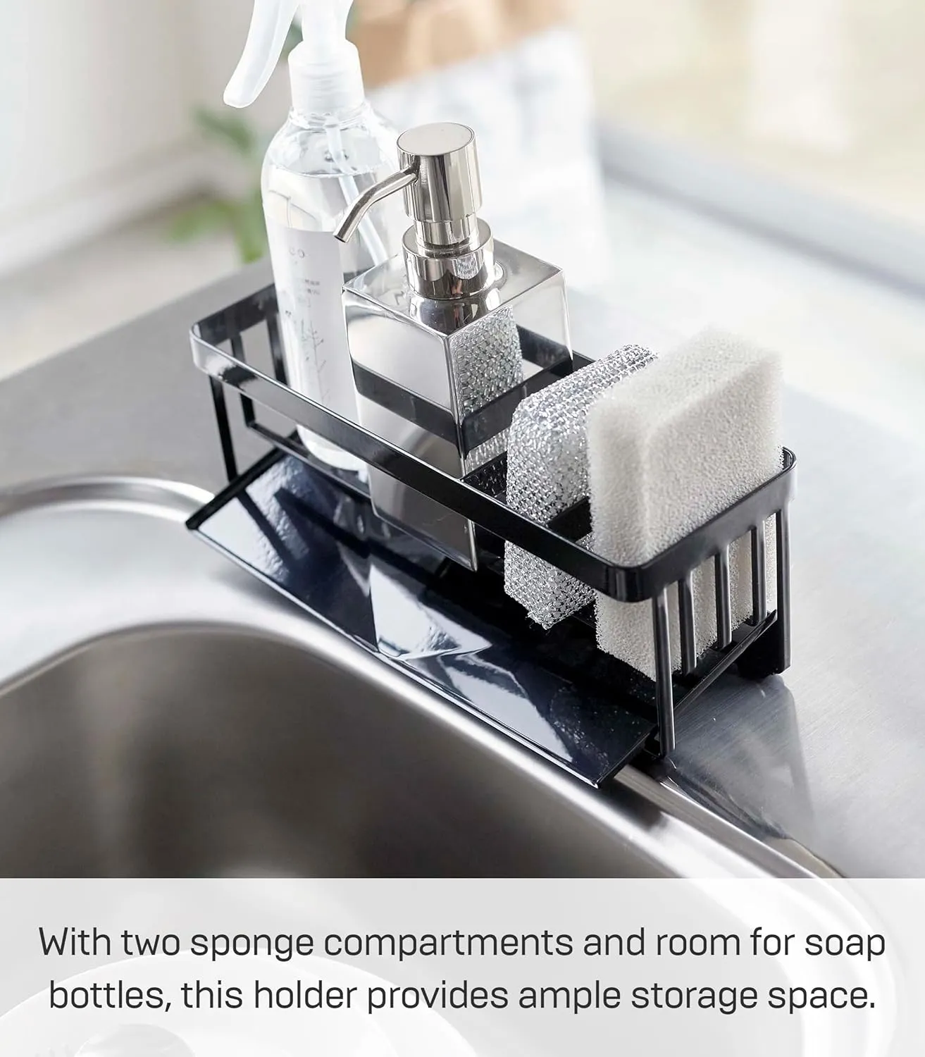 Yamazaki Home Tower Self-Draining Sponge and Soap Bottle Rack, Kitchen Sink Organizer Metal Holder with Removable Tray - Steel
