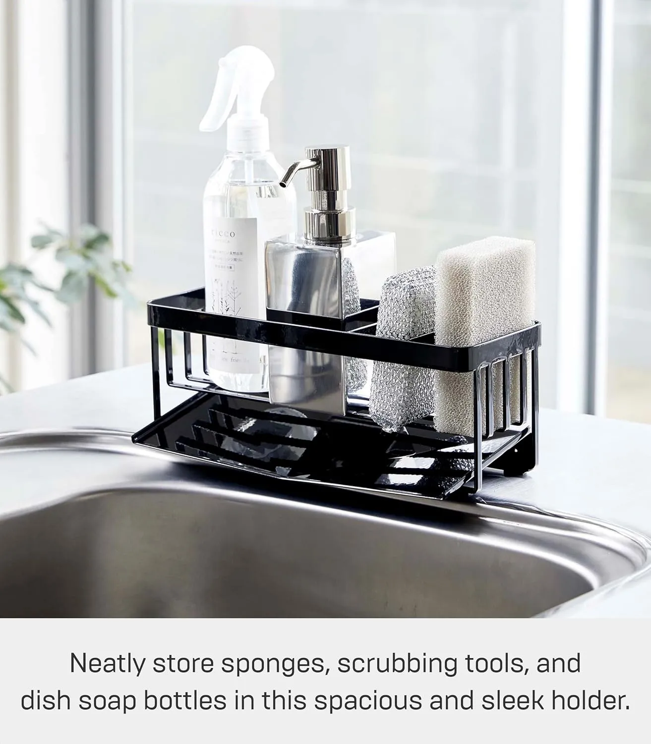 Yamazaki Home Tower Self-Draining Sponge and Soap Bottle Rack, Kitchen Sink Organizer Metal Holder with Removable Tray - Steel