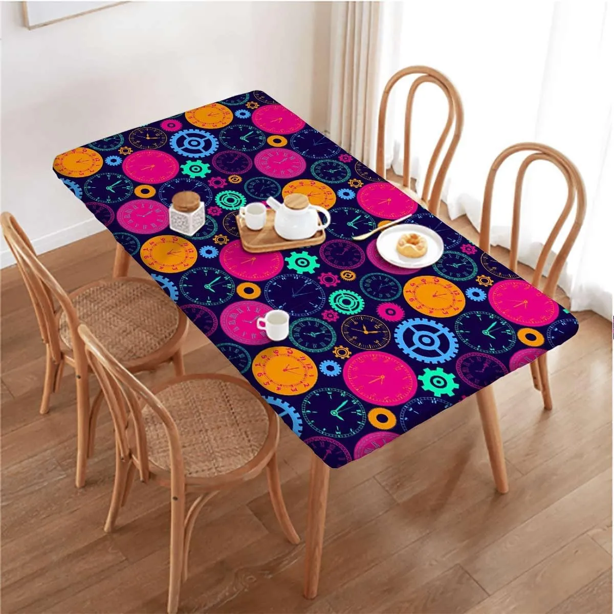 Yellow and Black Rectangle Tablecloth, with Clock Faces on It Vintage Style Waterproof Wipeable Table Cloth Protector Clock Fits up 5 Foot Tables