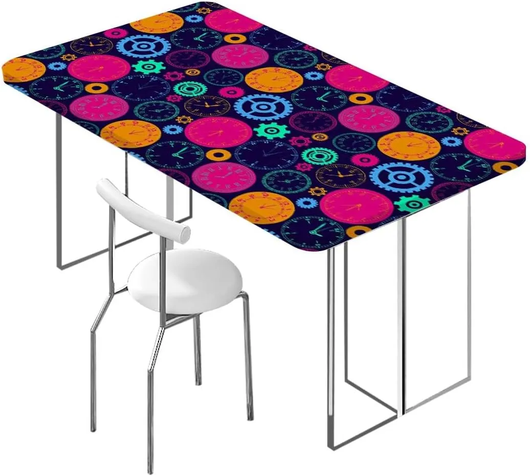 Yellow and Black Rectangle Tablecloth, with Clock Faces on It Vintage Style Waterproof Wipeable Table Cloth Protector Clock Fits up 5 Foot Tables