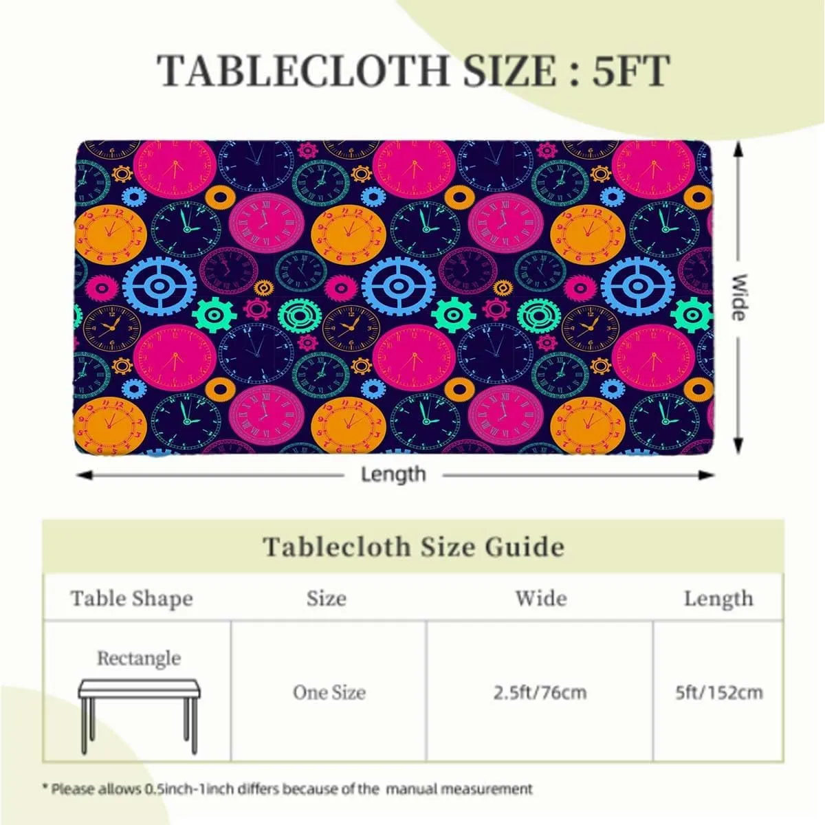 Yellow and Black Rectangle Tablecloth, with Clock Faces on It Vintage Style Waterproof Wipeable Table Cloth Protector Clock Fits up 5 Foot Tables