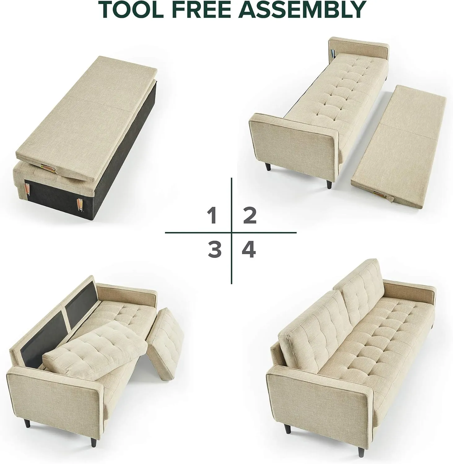 ZINUS Benton Sofa Couch, Grid Tufted Cushions, Easy, Tool-Free Assembly, Beige