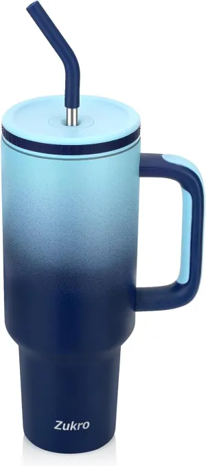 Zukro 40 oz Triple Insulated Tumbler with Handle and Straw Lid - Stainless Steel Cup Travel Mug Fits in Cupholder - No Sweat Water Bottle Keeps Drinks Cold 30 Hours - Dishwasher Safe -Bluewave